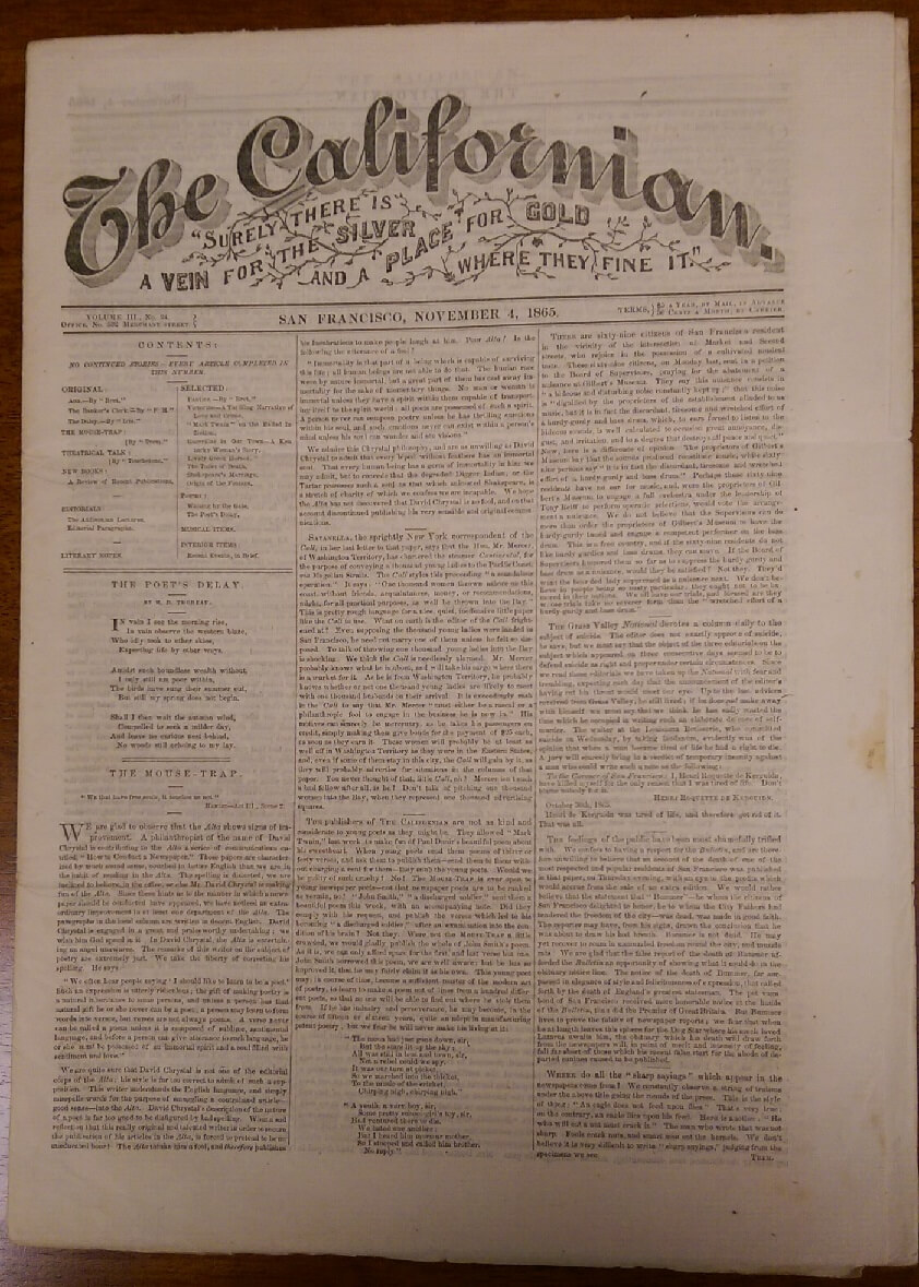 "Mark Twain" on the Ballad Infliction in The Californian, November 4, 1865