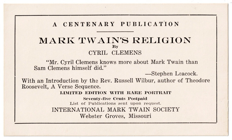 Card Advertising Mark Twain's Religion by Cyril Clemens