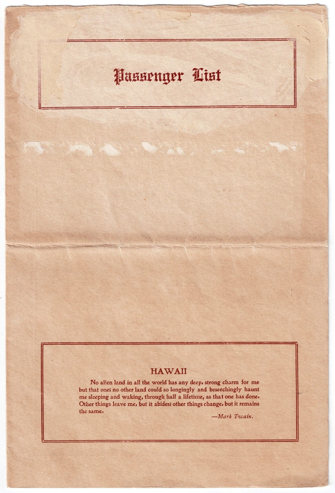 Passenger List from S. S. Sierra for Honolulu with Quote from Mark Twain