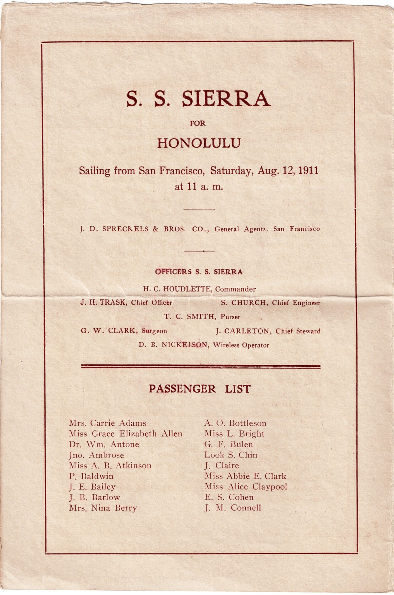 Passenger List from S. S. Sierra for Honolulu with Quote from Mark Twain - Image 4